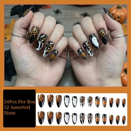 Halloween Press on Nails Ghost Pumpkin Black Fake Nails Set 24Pcs - color: halloween-design14