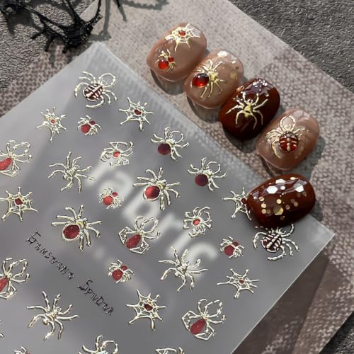 WOKOTO 4 Sheets Halloween Nail Stickers, Spider & Flame Nail Decals in Foil Gold Foil Silver Orange-Red & Blue-Purple, Self-Adhesive Gothic Nail Art Decals for Women Girls Halloween Manicure DIY Nails - color: Spider & Flame