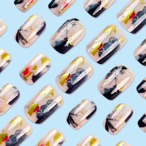 Fall Maple Leaves Press On Nails Short Square Fake Nails Press Ons With Gold Foil Design Glue On Nails Ink Wash Style Autumn Stick On Nails Full Cover Acrylic False Nails For Women Nail Decor - color: design-2