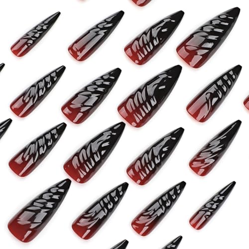 24 Pcs Halloween Press on Nails Long Stiletto Fake Nails Red Black Gradient False Nails with 3D Design Goth Acrylic Nails Press ons Halloween Glue on Nails Full Cover Reusable Stick on Nails for Women - color: Style 7
