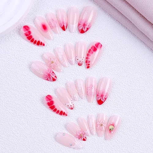 Summer Spring Press On Nails Medium Almond Fake Nails Pink Flower False Nails With Gold Shell White Pearl Design Reusable Acrylic Nail Press Ons Glossy Stick On Nails For Women 24Pcs - color: Design-25