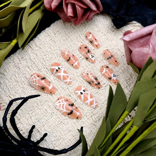 Halloween Press on Nails Long Almond Fake Nails Ghost Bat Spider Web Art - color: Halloween Press on Nails 05