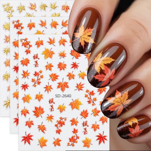 3D Fall Nail Stickers, Maple Leaf Autumn Nail Decals for Nail Art, 3 Sheets - color: Multicolor-03