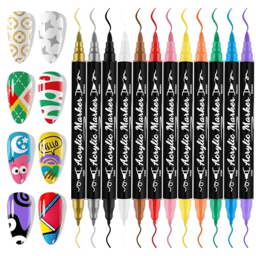 12-Pack Acrylic Nail Art Markers, Water-Based Drawing Pens, Waterproof and Quick-Drying, Suitable for Natural and Acrylic Nails, DIY Nail Art Decoration Markers - color: Double Tips（B)