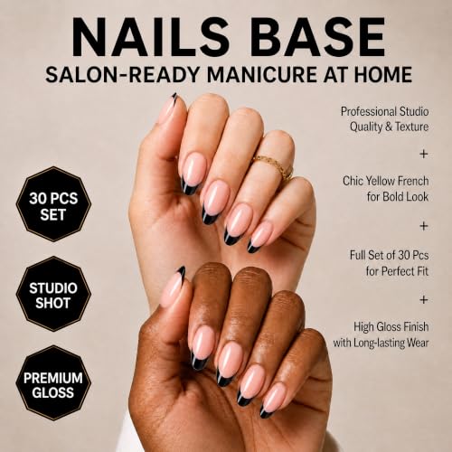 30Pcs Black French Tip Press On Nails, Soft Gel Almond Nails - color: Various colors