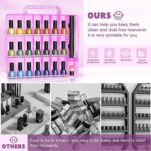 SUBAY 2 Pcs Portable Nail Polish Organizer, Clear Double Side Nail Polish Holder,Gel Nail Storage for 48 Bottles with 6 Adjustable Dividers in Each Side Space Saver Pink - size: 2 Pieces Pink