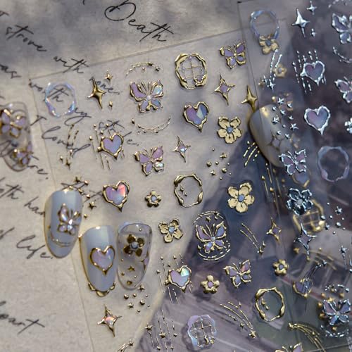 Gold Nail Stickers for Nail Art Flower Butterfly Nail Decals Golden Hibiscus Stickers for Nails Design 3D Self-Adhesive Gold Metal Stars Heart Coil Stickers for Nails Design Nail Supplies for Women - style: butterflies