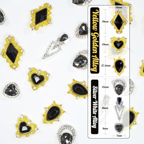 24pcs Black Luxury Nail Charms +2000pcs Jet Black Rhinestones 3D Big Nail Gems K9 Glass Nail Crystals Diamonds Jewelry Stones Alloy Nail Art Studs Decor Supplies Heart Charms for Arylic Nails Crafts - color: Luxury Charms - Black, size: 2 Box