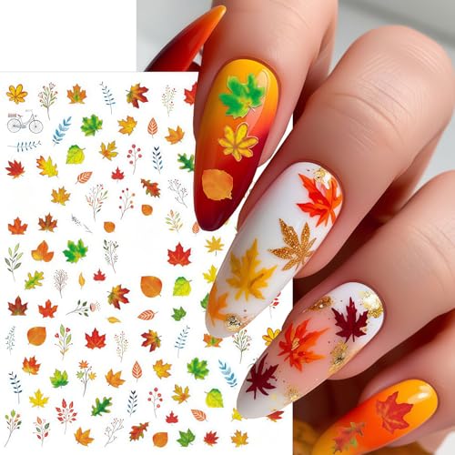 6 Sheets Thanksgiving Day Nail Art Stickers Fall Maple Leaf Nail Decals 3D Self-Adhesive Autumn Maple Leaves Nail Stickers Holiday Nails Sticker for DIY Nails Decoration Accessories - style: Maple Leaf