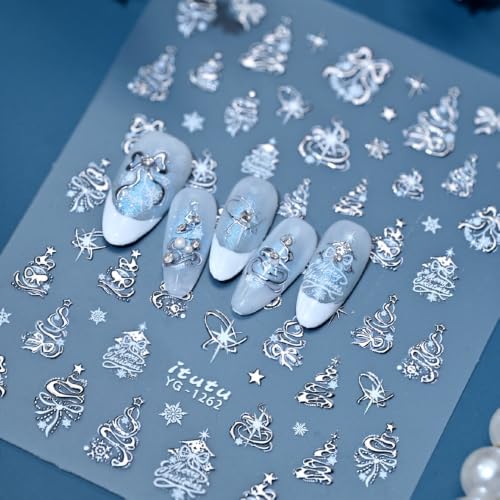 Silver White Glitter Star Snowflake Christmas Tree Christmas Nail Stickers - color: Color 17