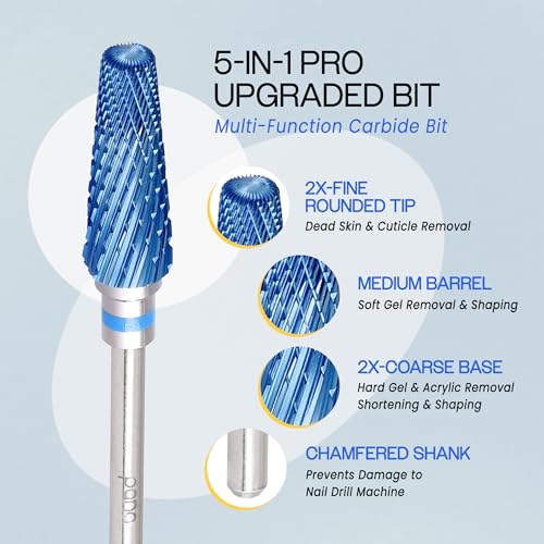 PANA 5-in-1 Pro Upgraded Multi-Function Drill Bit 3/32" Shank Size - (Blue, 2X Coarse to 2X Fine) - Mix Size Tungsten Drill Bit Fast Remove Acrylic Hard Gel Nail for Manicure Pedicure - color: Blue, size: Pro Upgraded