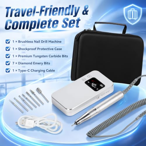 Professional Nail Drill, 40000RPM Brushless Cordless Electric Nail File