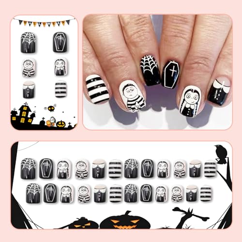 Halloween Horror Press on Nails - Glossy Black White Stripe Spider Web Art Designs - Square Short False Reusable Artificial Full Cover Glue on Nails for Women - 24 Pcs - color: Style 17