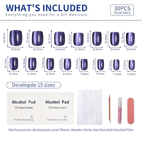 Dark Amethyst Purple Cat Eye Press On Nails Short – Square Fake Nails with Color-Shifting Glow, Glossy Gel Acrylic Nails 15 Sizes, 30 Nails, Thick Reusable Glue On Nails for Daily Wear & Gifts - color: M13-Amethyst-Purple