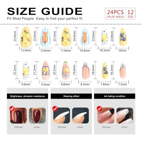 Medium Almond Press On Nails, 3D Lemon Blueberry Fake Nails, 24PCS - color: 099-Lemon Coast
