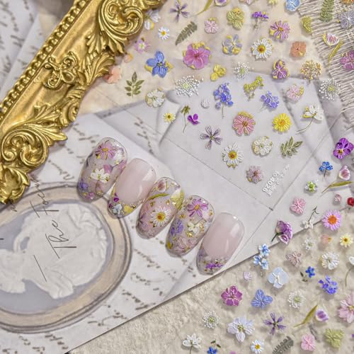 5D Embossed Flower Stickers for Nail Art White Floral Self-Adhesive Pearls Nail Art Decals for Women Nail Supplies Art Design Stickers (to4026) - style: to4026