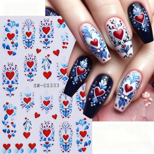 4 Sheets Valentines Nail Stickers 3D Self-Adhesive Red Hearts Nail Art Stickers with Colorful Love Hearts Bow Designs Retro Graffiti Double Heart Nail Decals Holiday Nail Art Supplies for Women DIY - style: Bow Nail Stickers-12