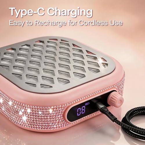 NOVAL Mini Cordless Nail Dust Collector for Nail Techs, Pink Rhinestone