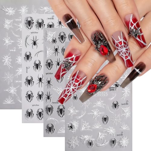 Halloween Nail Art Stickers Decals Black White Spider Web Spider Pattern Design 3D Self-Adhesive Nail Stickers Halloween Spider Nail Art Decals for Women DIY Festival Salon Manicure Decoration - style: Autumn