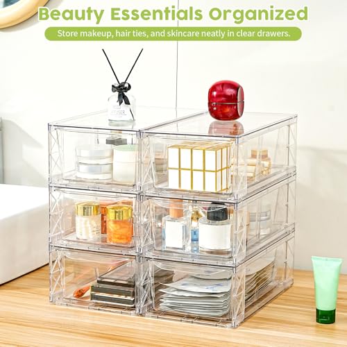 Acrylic Storage Drawers, 6 Pack Clear Stackable Storage Drawers, Acrylic Organizers Drawers for Under Sink, Pantry, Bathroom, Makeup Organizers Cosmetic Display,Classroom Storage Organization, Medium