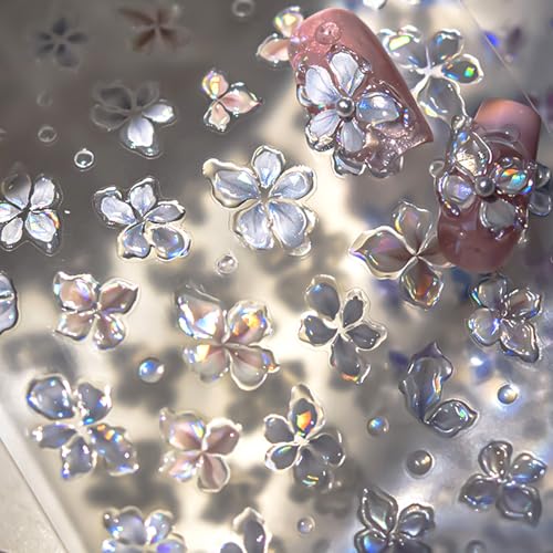 5D Embossed Laser Flower Nail Stickers for Nail Art Self-Adhesive Glitter Silver Flower Nail Decals Reflective Petal Design Stickers Spring Summer Nail Art Decoration for Women DIY Manicure - style: 5D Embossed Nail Stickers-2