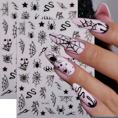 8 Sheets Halloween Nail Art Stickers Spider Web Nail Decals 3D Self-Adhesive Black Silver White Gold Snake Spiders Spider Web Nail Stickers Design Holiday Sticker for DIY Nails Decoration Accessories - style: Snake