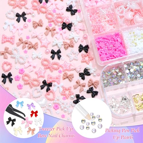 RODAKY 3D Nail Charms and Flatback Pearls Gems Set, Bow Charm for Nail Art Designs,Assorted Pearl Bows Heart Star,Cute 3D Flowers for Nail,Pink&White Half Pearls for Nail Jewelry DIY Nail Decoration - color: Set 04 - 2 Boxes Nail Art Decos