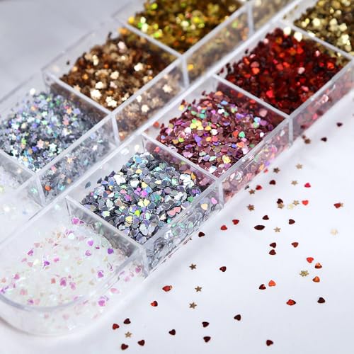 1 Box 12 Color Holographic Hearts Star Nail Glitter Tiny Heart Nail Sequins 3D Red Gold Nail Flakes Sparkly Powder Flakes Shiny Nail Glitter Valentine's Day Nail Sequins Glitter for Nails Art 12 Grids - color: Color 21