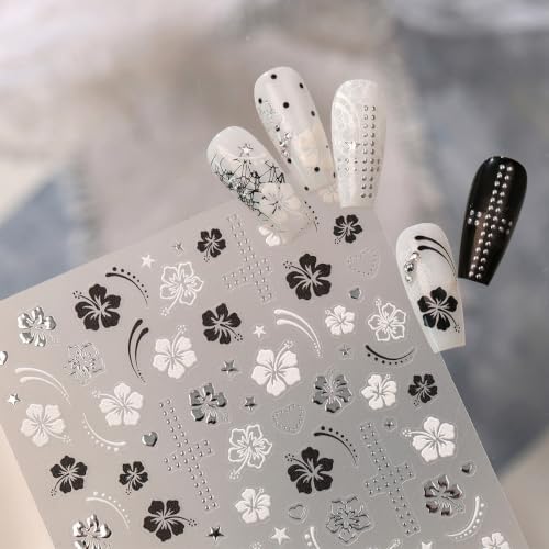 Black White Hibiscus Flower Nails Stickers - 3D Self‑Adhesive, 1 Sheet - color: Color-33