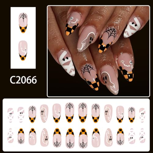 Halloween Almond Press On Nails Medium Nude Fake Nails French False Nail - color: Style C007, size: Medium