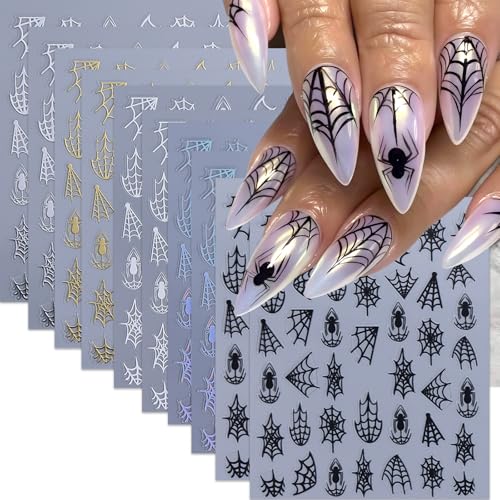 10 Sheets Halloween Nail Stickers for Nail Art 3D Self-Adhesive Spider Nail Decals Spider Web Nail Art Stickers Black White Gold Silver Laser Spider Web Nail Design for Acrylic Women Manicure Decor - style: laser spider web