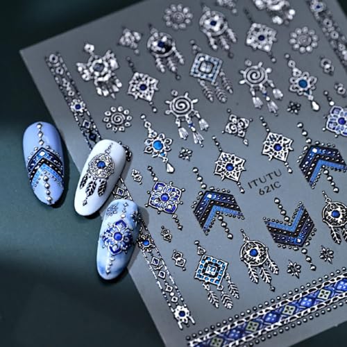 Boho Nail Stickers Silver Blue Ethnic Tribal Feather Designs - color: Color 23