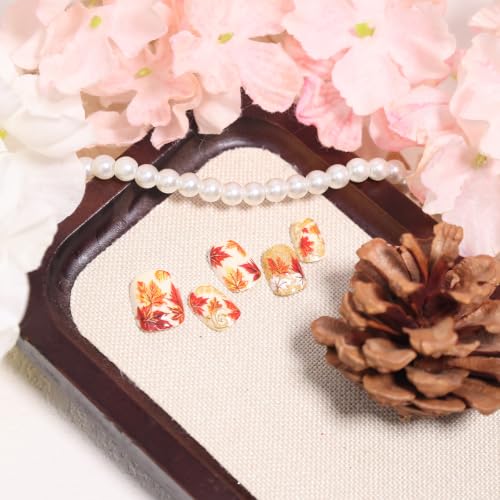 Fall Press on Nails Short Almond Maple Leaf Gold Foil Fake Nails