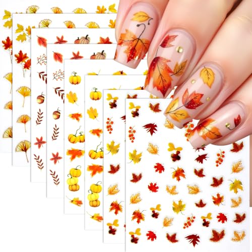 8 Sheets Autumn Maple Leaves Nail Stickers Glitter Pumpkin Nail Decals 3D Self-Adhesive Maple Leaf Nail Art Supplies Fall Ginkgo Leaf Stickers for Nails Thanksgiving Day Women DIY Manicure Decoration - style: ginkgo leaf