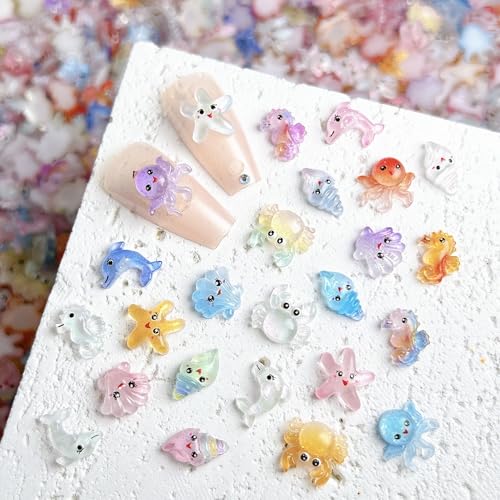 100Pcs Ocean Mini Resin Nail Art Charm Cute Tiny Sea Animal Nail Art 3D Resin Flat Back Crab Octopus Seashell Starfish Beach Nail Jewelry Summer Nail Supplies Manicure Beach (Ocean Animals) - color: Ocean animals