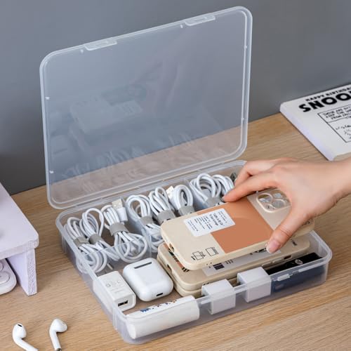 Vidifor 2-Pack Clear Cable Organizer Box with 16 Cable Ties, 4 Compartments Organizer Container for Crafts, Beads, Earrings, Screws, Nail, Pins (2, Large) - size: Large