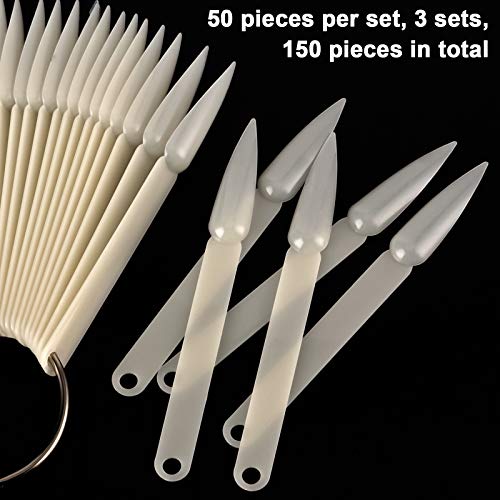 KINJOEK 3 Set Total 150 Pointed Tips Natural Nail Swatches Sticks, Nail Art Supplies Stiletto Practice Tips Display Board Sample Sticks with Ring for Nail Art Polish Color Test Display Home DIY