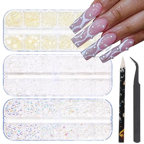 Nail Flatback Pearls White Nail Art Pearls AB Color Nail Pearls for Nail Art DIY Jewelry Pearls for Nails,with Pickup Pen and Tweezer Pearl Nail Gems Nail Art Pearls Mini Decoration Accessories Kit - color: Flatback Pearls