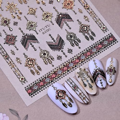 Boho Nail Stickers Gold Black Red Ethnic Tribal Feather Designs - color: Color 32