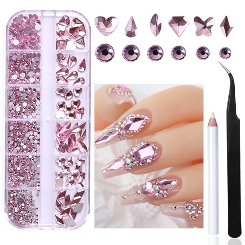 Nail Art Rhinestones Kit Nail Gems Ab Flat Bottom Special-Shaped Drill, with Storage Organizer Box/Wax Pencil/Tweezers for Nail Art Craft (Purple) - color: Purple