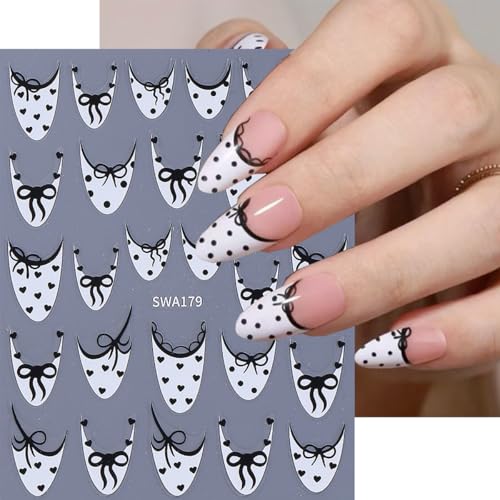 8 Sheets Valentines Nail Stickers for Nail Art 3D Self-Adhesive White French Tip Nail Art Stickers with Cute Bow Love Designs Red Black Heart Nail Decals Nails Supplies for Women Acrylic DIY Manicure - style: French Tip Nail Stickers-1