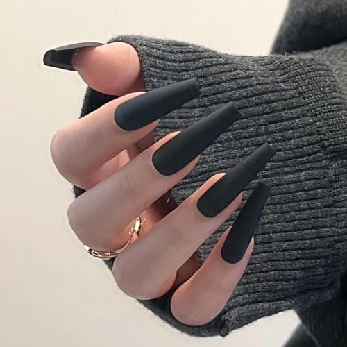 MISUD Press on Nails - Long Coffin Fake Nails with Goth Black, Acrylic Gothic Matte Solid Color Design 24 pcs - color: 019A05-11Black
