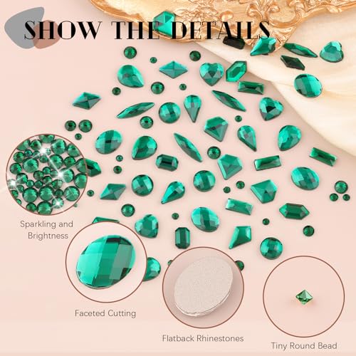 2060Pcs Emerald Green Glass Nail Rhinestones 60Pcs Multi Shapes Flatback Nail Gems + 2000Pcs 1.5-4mm Round Crystal with Rhinestones Glue Gel, Manicure Nail Charms Diamond Gemstone for Nail Art - color: 21 Emerald Green Crystal+ glue, size: 1 pack