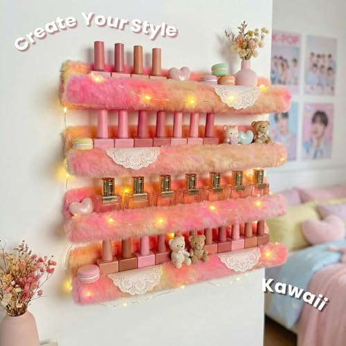 Fuzzy Orange Nail Polish Rack Wall Mounted Makeup Organizer, Soft Plush Decorative Floating Shelf for Lipstick, Skincare, Collectibles, Playful Room Decor for Girls, Vanity Storage for Bedroom Salon - color: Orange