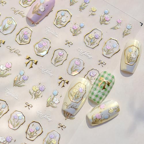 5D Embossed Bow Nail Art Stickers Gold Trimming Flower Nail Art Decals Blue White Tulips Nail Decals Spring Flower Nail Design Stickers Silver Letter Nails Supplies Cute Nail Decor for Women - style: 5D Embossed Nail Stickers-5