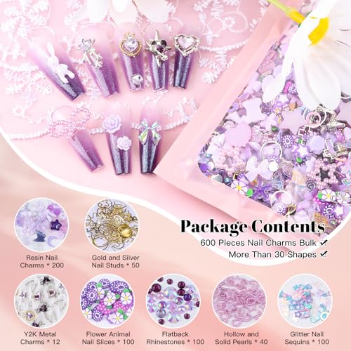 650PCS 3D Resin Nail Charms and Gems Purple Flower Bow Butterfly Charms - color: Purple