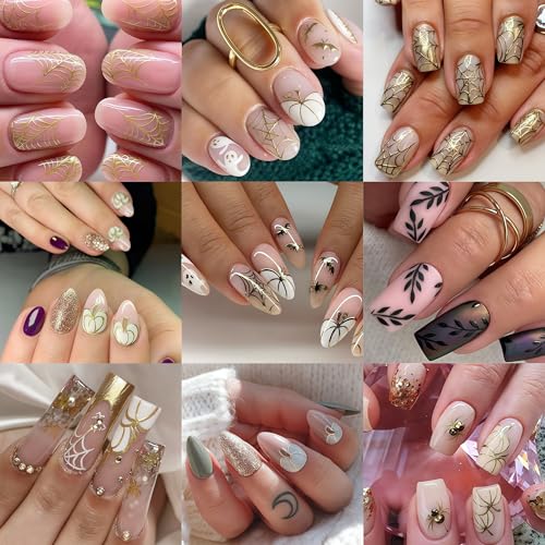 8 Sheets Halloween Nail Stickers Nail Decals 3D Self-Adhesive Glitter Pumpkin Ghost Nail Supplies Gold Heart Spider Web Bat Black Leaf Nails Design Nail Decor for Halloween Party DIY Manicure Supplies - style: pumpkin