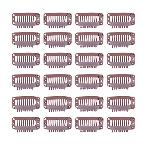 YANTAISIYU 24 pcs/lot 32mm 9-teeth Metal Hair Clip with Rubber Snap Clips for Hairpiece Wig Accessories Clips (Light Brown) - color: Light Brown, style: 32mm 24pcs
