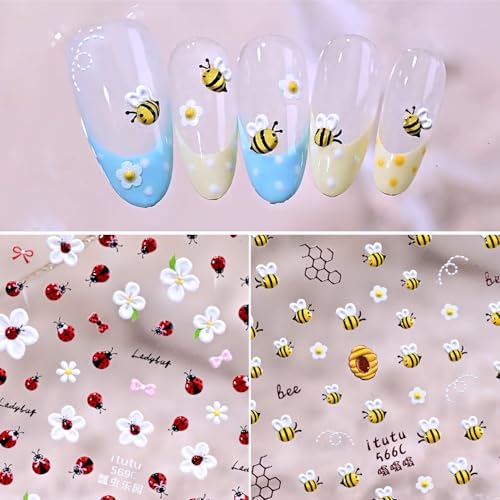 1 Sheet Flower Nail Art Stickers 5D Embossed Cute Bee Nails Decals Spring Daisy Bee Design Summer Bees Floral Nail Designs Accessories Cute Floral Bees Nail Supplies for Women DIY Manicure Decorations - style: bee
