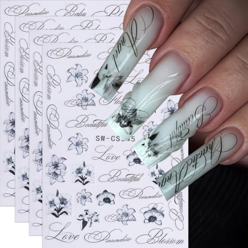 Gradient Lily Flower Nail Stickers with Gothic Letter Art Designs - color: Multicolor-07